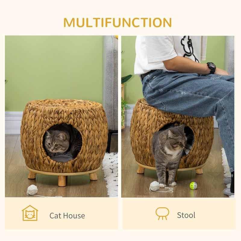 Wicker Cat Cave/House Stool with Soft Washable Cushion,Rattan Kitten Bed for Outdoor & Indoor Use， 44 x 43 x 41cm