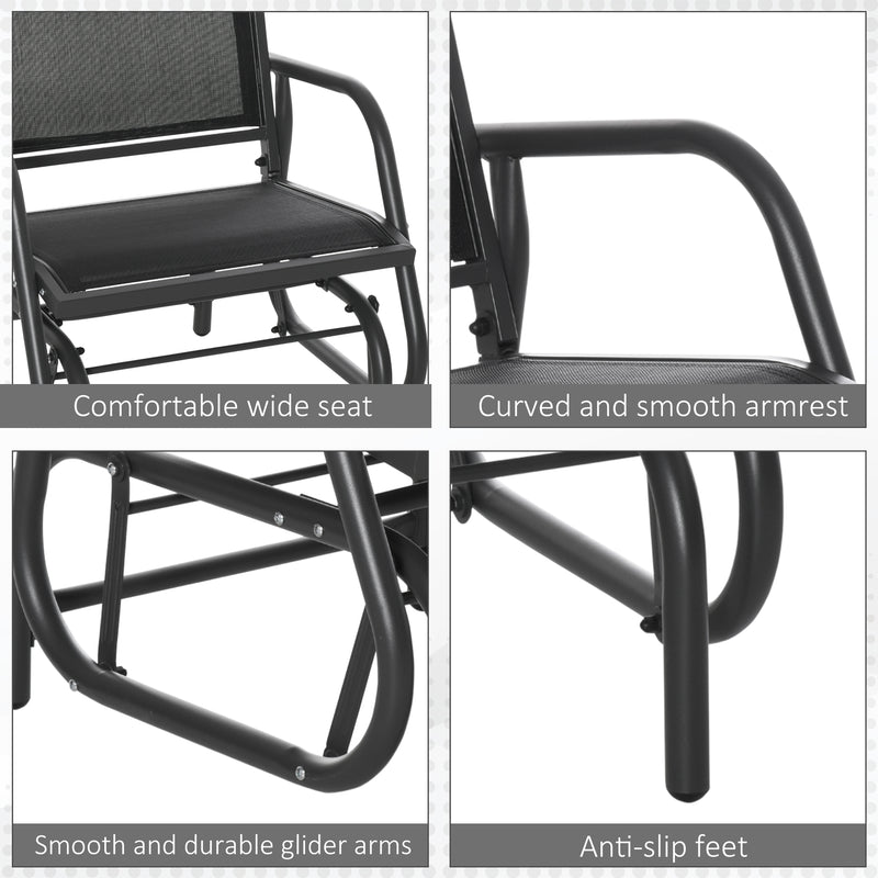Outdoor Gliding Swing Chair Garden Seat w/ Mesh Seat Curved Back Steel Frame Armrests Comfortable Lounge Furniture Dark Grey Black