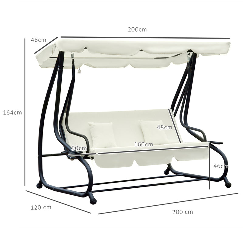 2-in-1 Garden Swing Seat Bed 3 Seater Swing Chair Hammock Bench Bed with Tilting Canopy and 2 Cushions, Cream White