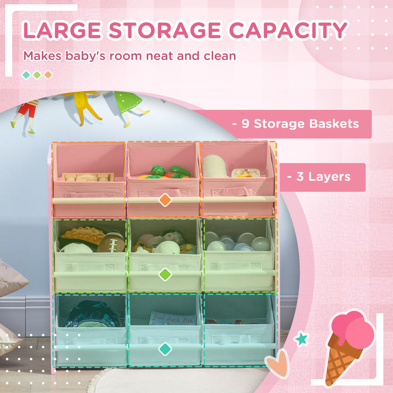 Kids Storage Unit with 9 Removable Storage Baskets, Toy Box Organiser with Shelf, Book Shelf for Nursery Playroom, Pink