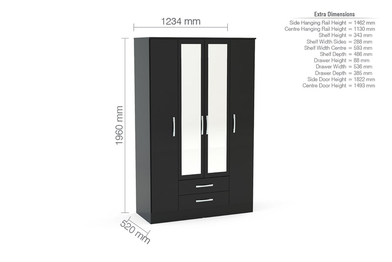 Lynx 4 Door 2 Drawer Wardrobe With Mirror