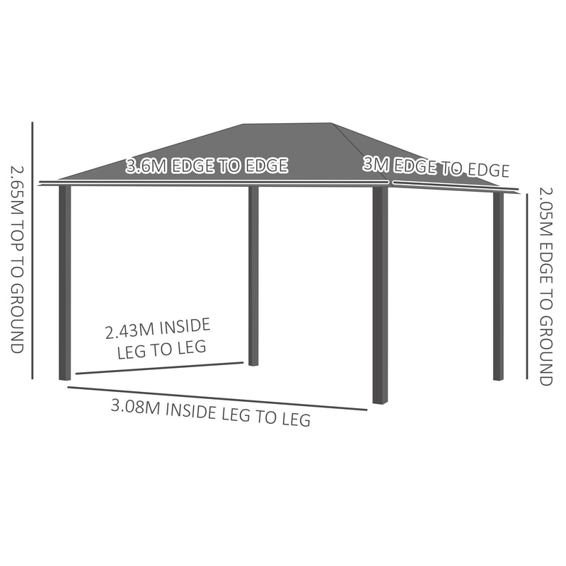 3 x 3.6m Hardtop Gazebo with UV Resistant Polycarbonate Roof and Aluminium Frame, Garden Pavilion with Mosquito Netting and Curtains