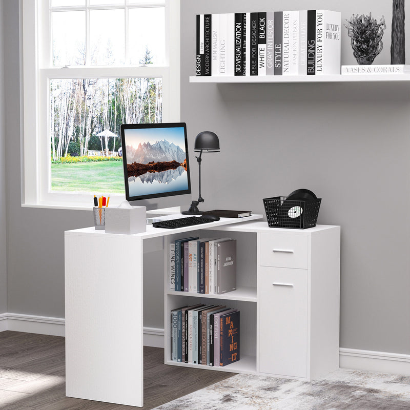L-Shaped corner computer desk Table Study Table PC Workstation with Storage Shelf Drawer Home Office white