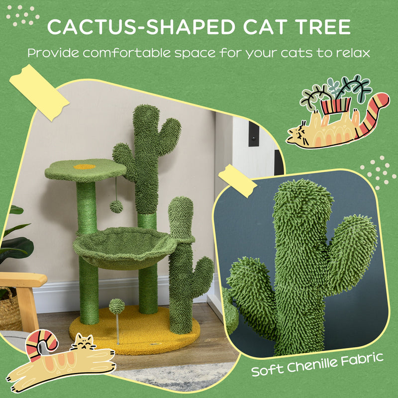 82cm Chenille Cactus Cat Tree with Scratching Post, Hammock, Green
