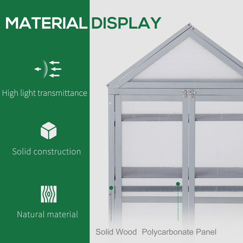 3-Tier Wooden Cold Frame Greenhouse Garden Polycarbonate Grow House w/ Adjustable Shelves, Double Doors, 80 x 47 x 138cm, Grey