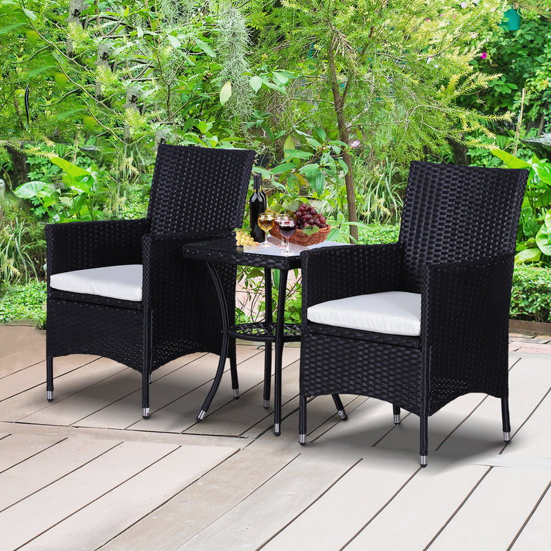 Garden Outdoor Rattan Furniture Bistro Set 3 PCs Patio Weave Companion Chair Table Set Conservatory (Black)