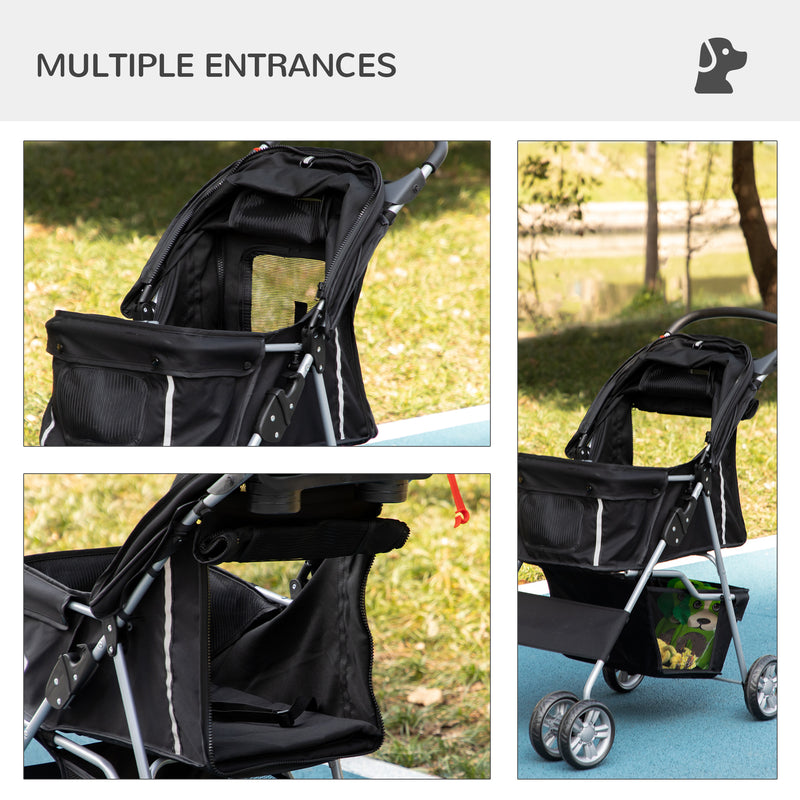 Pet Stroller Dog Pushchair Foldable Travel Carriage for Small Miniature Dogs Cats w/ Zipper Entry Cup Holder, Black