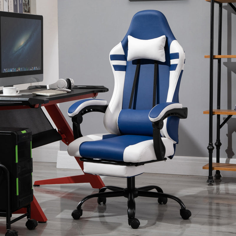 PU Leather Gaming Chair w/ Headrest, Footrest, Wheels, Adjustable Height, Racing Gamer Recliner, Blue White