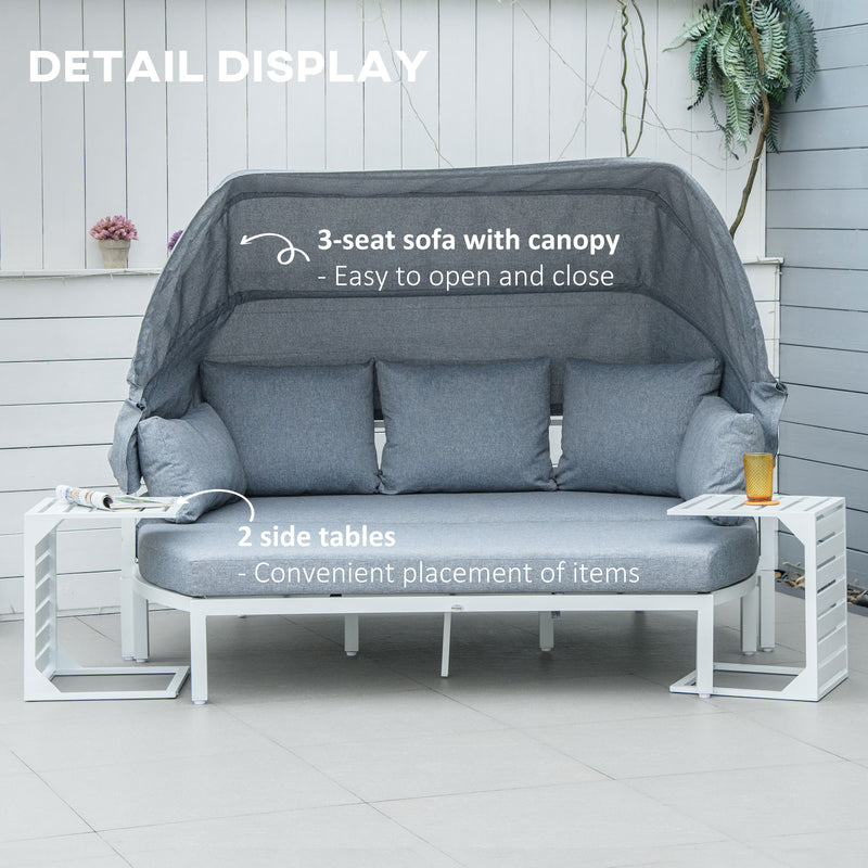 4 Pieces Outdoor Garden Sofa Set, Aluminum Patio Lounge Bed Furniture Set, with Canopy, Padded Cushions & Side Tables, White