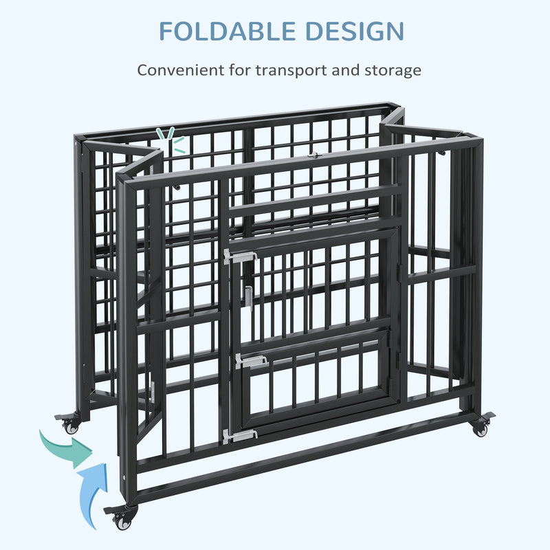 37" Heavy Duty Dog Crate, Foldable Dog Cage, with Openable Top, Locks, Removable Tray, Wheels - Black