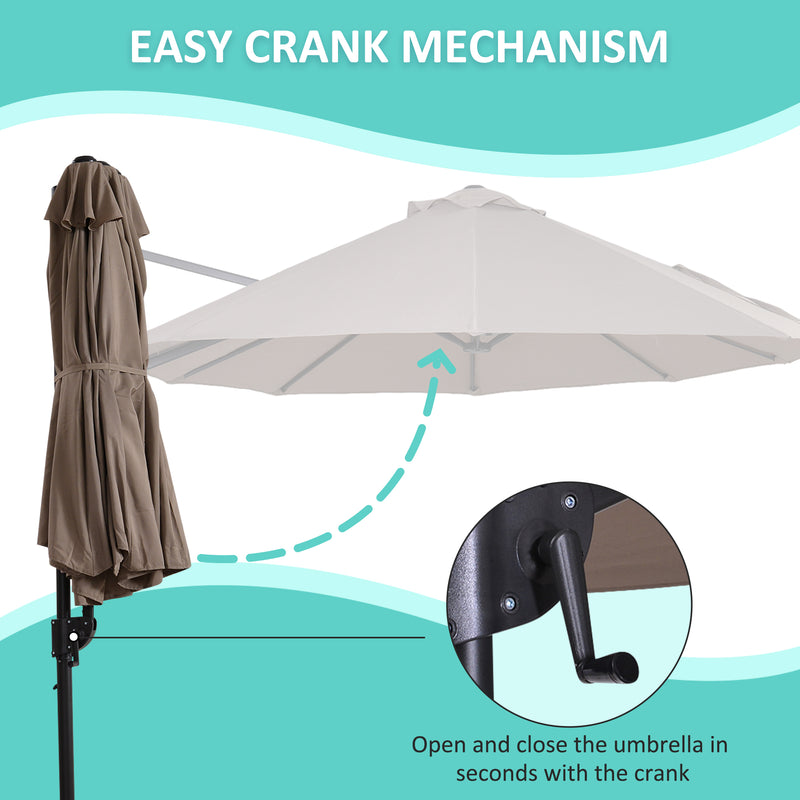 Double Canopy Offset Parasol Umbrella Garden Shade with 12 Support Ribs Crank Handle Easy Lift Twin Canopy Brown