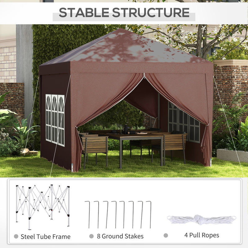 3 x 3m Pop Up Gazebo, Wedding Party Canopy Tent Marquee with Carry Bag and Windows, Coffee