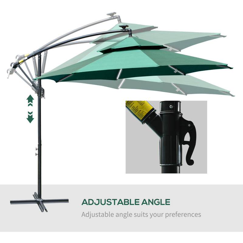 3(m) Cantilever Parasol Banana Hanging Umbrella with Double Roof, LED Solar lights, Crank, 8 Sturdy Ribs and Cross Base Green
