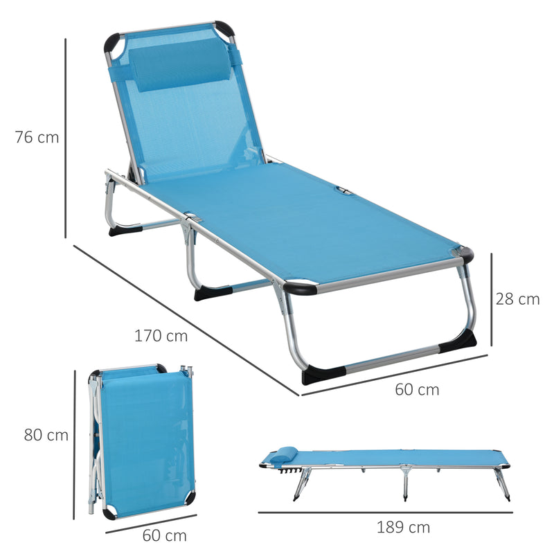2 Pieces Foldable Sun Lounger with Pillow, 5-Level Adjustable Reclining Lounge Chair, Aluminium Frame Camping Bed Cot, Blue