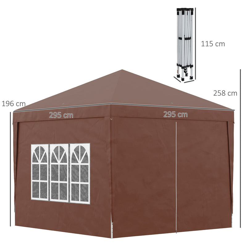 3 x 3m Pop Up Gazebo, Wedding Party Canopy Tent Marquee with Carry Bag and Windows, Coffee