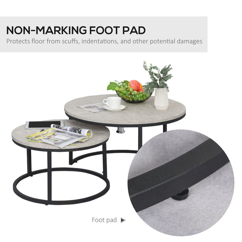 2 Pcs Stacking Coffee Table Set w/ Steel Frame Marble-Effect Top Foot Pads Nest of Tables Storage Display Black/Grey