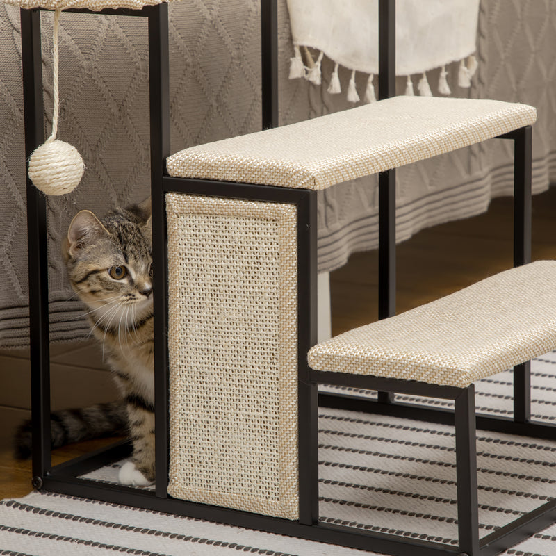 Cat Stairs, 3 Steps for Sofa, Pet Steps with Sisal Scratching Board and Hanging Ball, Steel Frame, 47 x 45 x 47 cm, Cream White