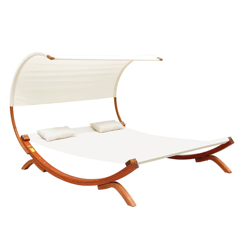Hammock Chaise Day Bed with Canopy Wooden Double Sun Lounger - Cream