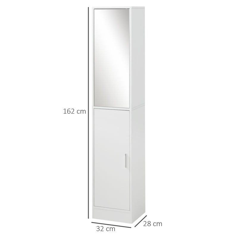 Tall Mirrored Bathroom Cabinet, Bathroom Storage Cupboard, Floor Standing Tallboy Unit with Adjustable Shelf, White