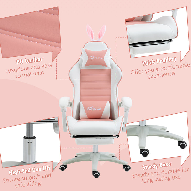 Racing Gaming Chair, Reclining PU Leather Computer Chair with Removable Rabbit Ears, Footrest, Headrest and Lumber Support, Pink