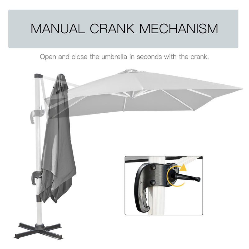 3 x 3(m) Cantilever Parasol, Square Garden Umbrella with Cross Base, Crank Handle, Tilt, 360° Rotation and Aluminium Frame, Grey