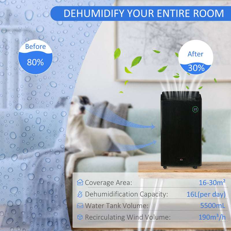 5500mL Portable Dehumidifier with Air Purifier, UVC, Ioniser, 24H Timer, 5 Modes, 16L/Day, for Home Laundry, Black