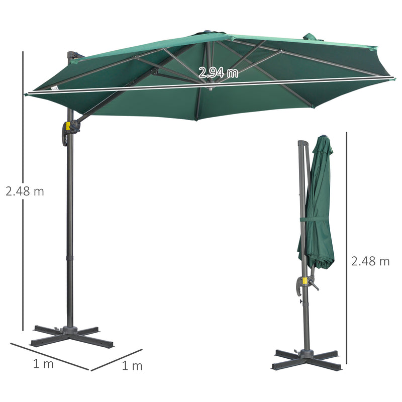 3 x 3(m) Cantilever Parasol with Cross Base, Garden Umbrella with 360° Rotation, Crank Handle and Tilt for Outdoor, Patio, Green