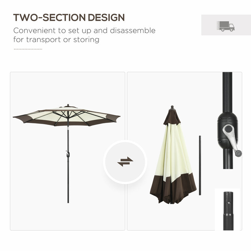 2.7m Garden Parasol Umbrella with 8 Metal Ribs, Tilt and Crank, Outdoor Sunshades for Garden, Patio, Beach, Yard, Coffee
