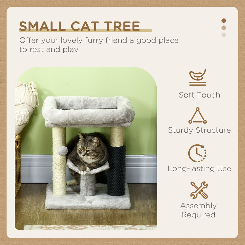 48cm Cat Tree, Cat Tower with Cat Self Groomer Cat Scratching Post with Hanging Ball, Self Groomer and Perches, Grey