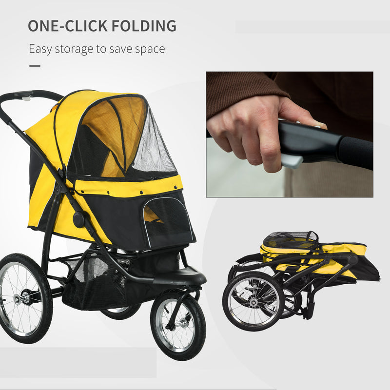 Pet Stroller Jogger for Medium, Small Dogs, Foldable Cat Pram Dog Pushchair w/ Adjustable Canopy, 3 Big Wheels - Yellow