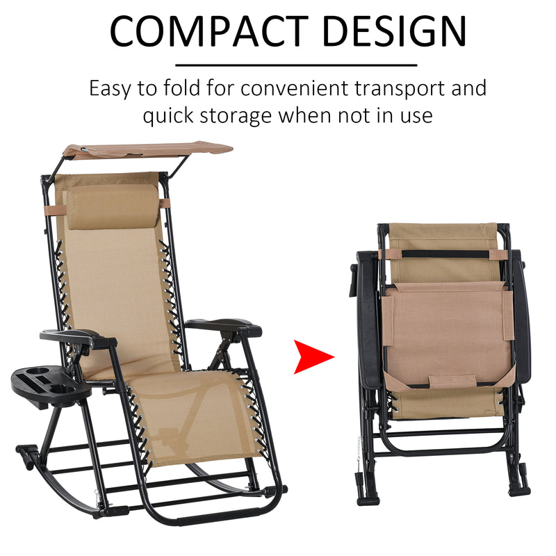 Garden Rocking Chair Folding Recliner Outdoor Adjustable Sun Lounger Rocker Zero-Gravity Seat with Headrest Side Holder Patio Deck - Beige