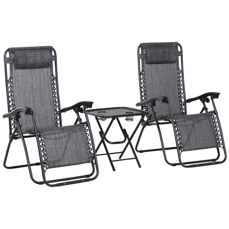 3pcs Folding Zero Gravity Chairs Sun Lounger Table Set w/ Cup Holders Reclining Garden Yard Pool, Light Grey
