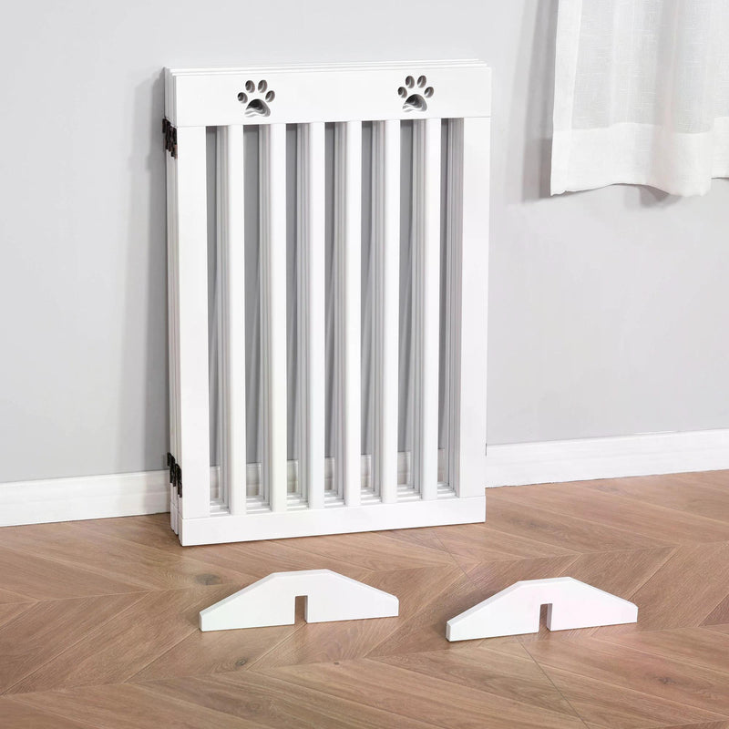 Pet Gate 4 Panel Wooden Foldable Fence Freestanding Dog Safety Barrier with 2 Support Feet for Doorways Stairs 80'' x 30'' White