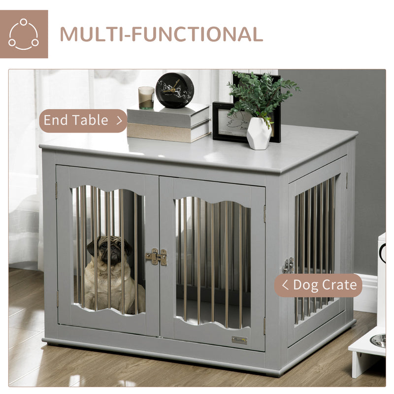 Dog Crate End Table with Three Doors, Furniture Style Dog Crate for Medium Dogs with Locks & Latches, Grey