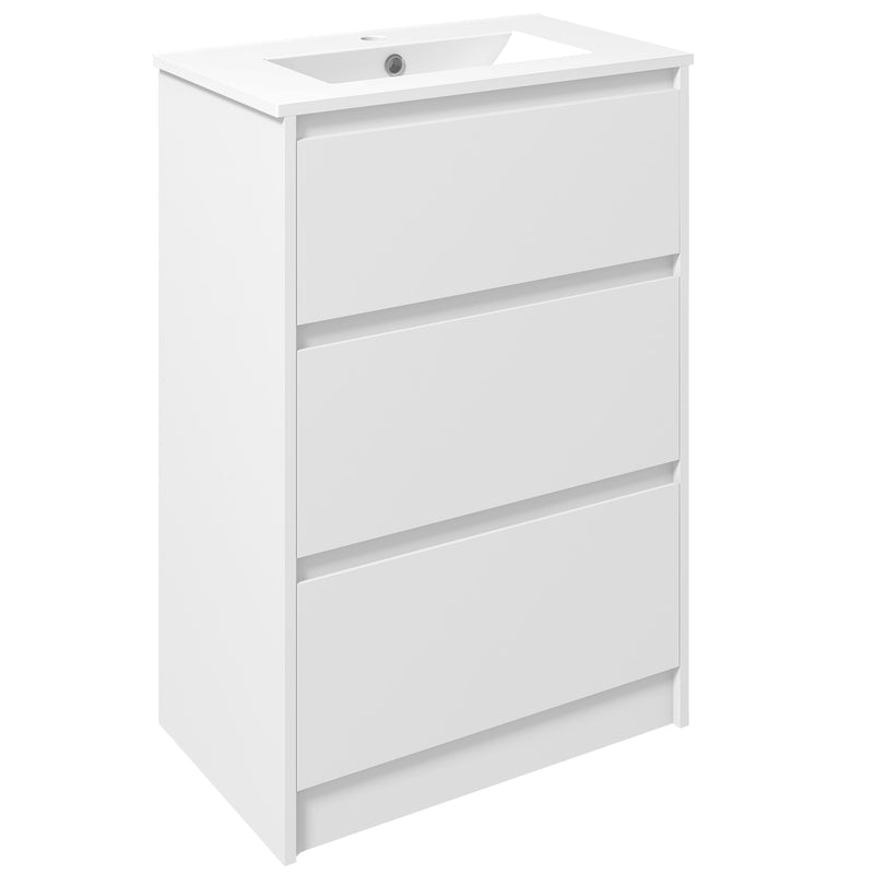 600mm Bathroom Vanity Unit with Basin and Single Tap Hole, High Gloss White Floor Standing Bathroom Sink Unit with 2 Drawers