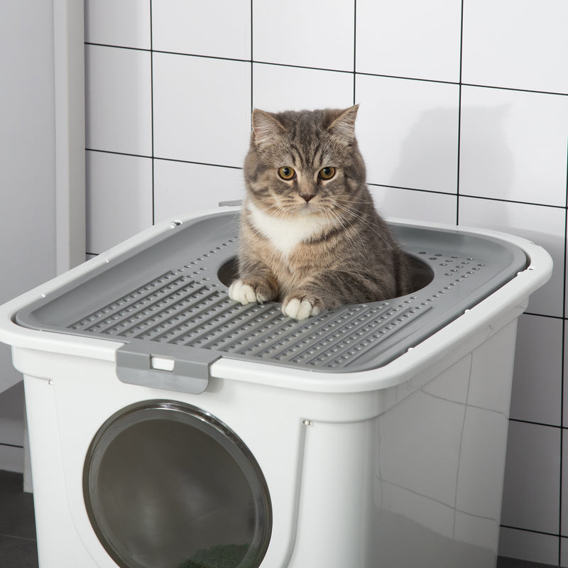 Cat Litter Box Pet Toilet Enclosed Kitten Pan w/ Front Entrance Top exit Scoop, White