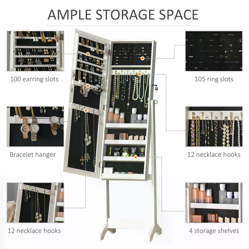 Jewellery Cabinet with Full-Length Mirror, Mirror Armoire, Lockable Jewellery Organiser for Bedroom Dressing Room, White