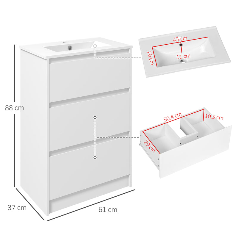 600mm Bathroom Vanity Unit with Basin and Single Tap Hole, High Gloss White Floor Standing Bathroom Sink Unit with 2 Drawers