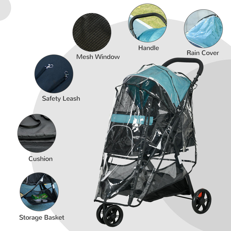 Foldable Pet Stroller with Rain Cover for XS and S-Sized Dogs Dark Green