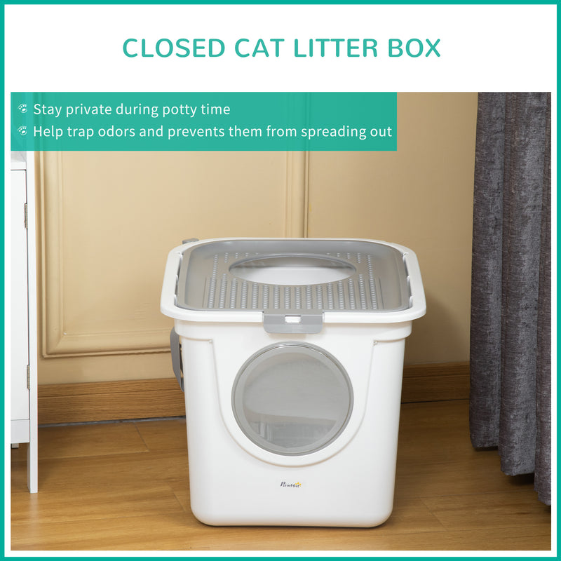 Cat Litter Box Pet Toilet Enclosed Kitten Pan w/ Front Entrance Top exit Scoop, White