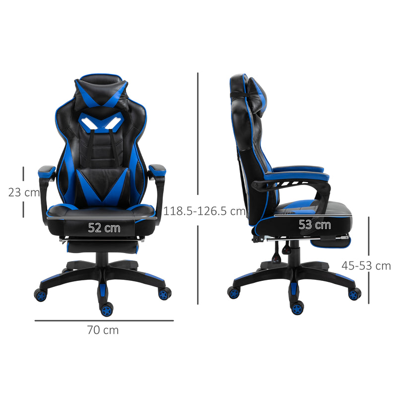 Ergonomic Racing Gaming Chair Office Desk Chair Adjustable Height Recliner with Wheels, Headrest, Lumbar Support, Retractable Footrest Blue