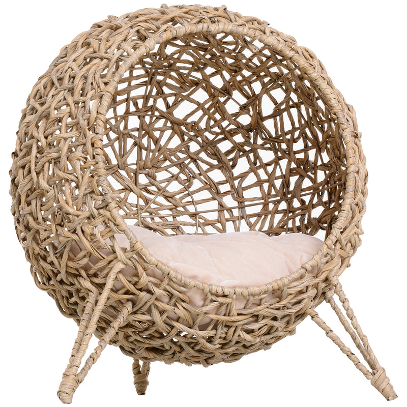 Wicker Cat Bed, Ball-Shaped Rattan Elevated Cat Basket with Three Tripod Legs, Cushion, Natural Wood Finish