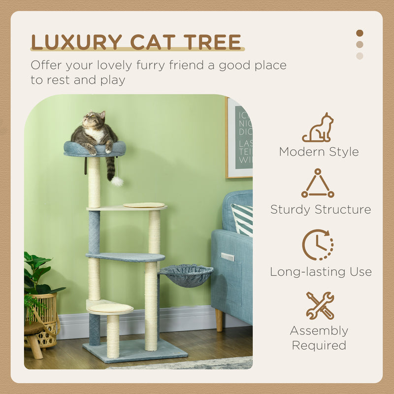 118.5cm Cat Tree for Indoor Cats, Cat Tower with Scratching Posts, Mats, Hammock, Cat Bed, Ball Toy, Grey Blue