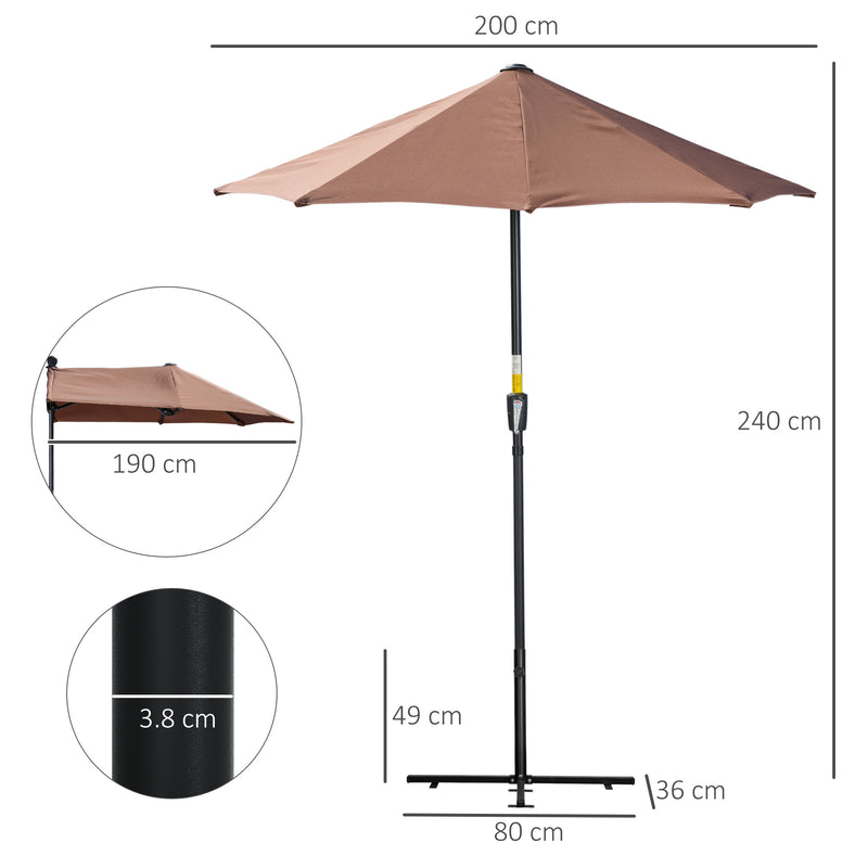 2m Half Parasol Market Umbrella Garden Balcony Parasol with Crank Handle, Base, Double-Sided Canopy, Coffee