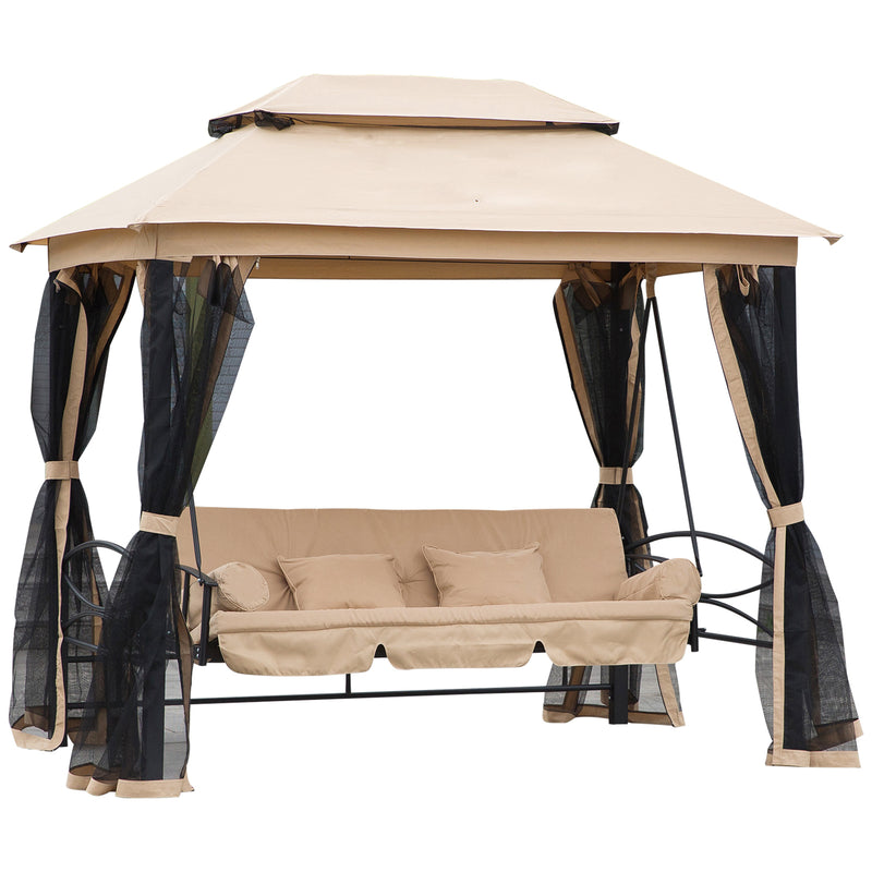 3 Seater Swing Chair 3-in-1 Convertible Hammock Bed Gazebo Patio Bench Outdoor with Double Tier Canopy, Cushioned Seat, Mesh Sidewalls, Beige