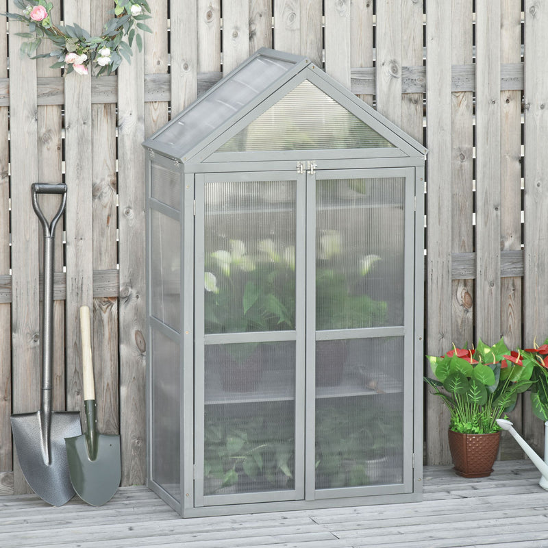 3-Tier Wooden Cold Frame Greenhouse Garden Polycarbonate Grow House w/ Adjustable Shelves, Double Doors, 80 x 47 x 138cm, Grey