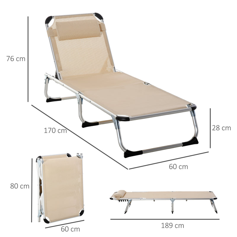 2 Pieces Foldable Sun Lounger with Pillow, 5-Level Adjustable Reclining Lounge Chair, Aluminium Frame Camping Bed Cot, Khaki