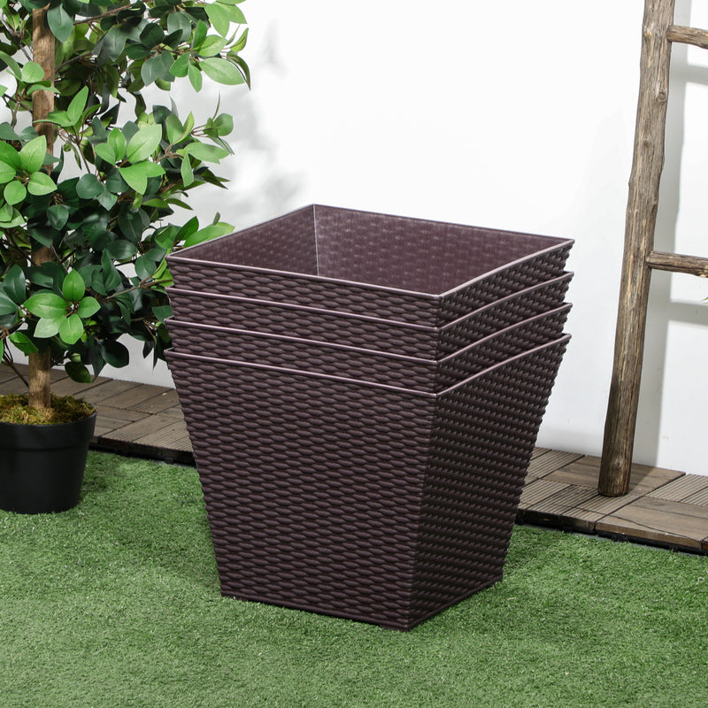 Outdoor Planter Pack of 4, Rattan Effect Plant Pots Indoor Stackable Design, for Garden Patio Porch Deck, Brown