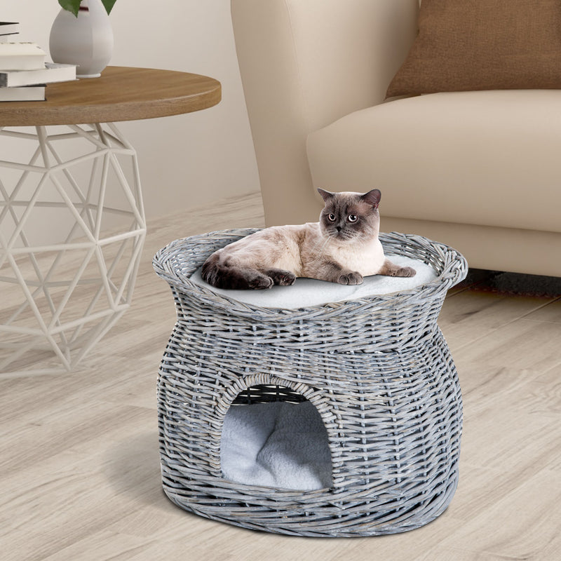 2-Tier Wicker Cat House Elevated Pet Bed Basket Willow Kitten Tower Pet Den. with Washable Cushions 56x37x40cm Grey