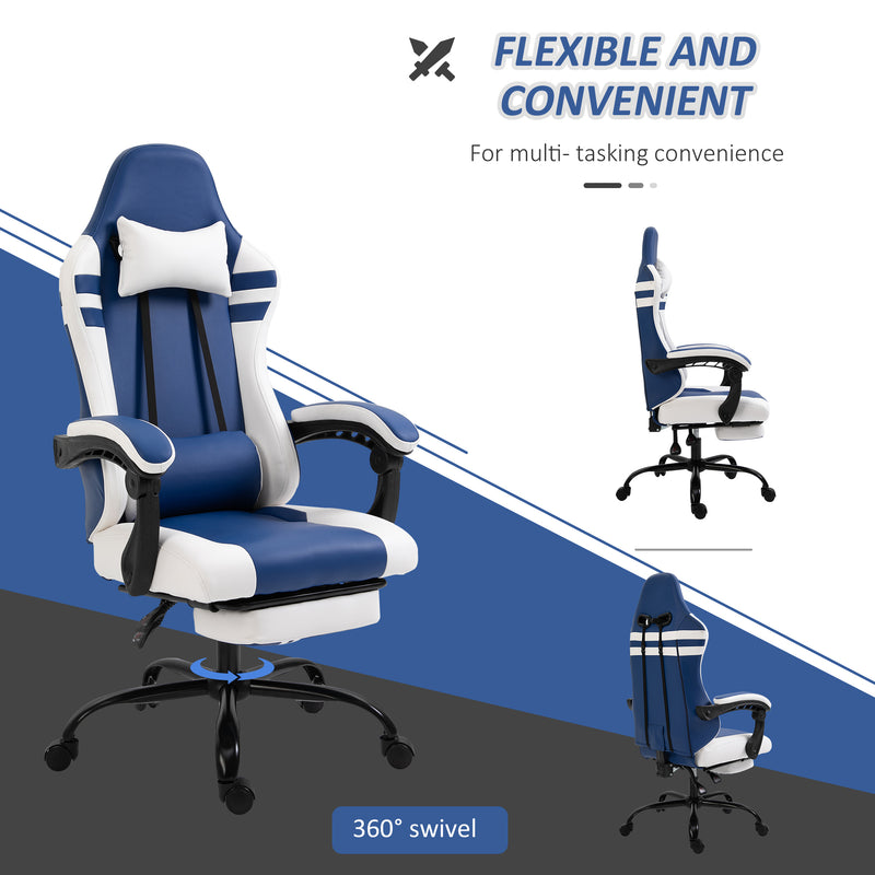 PU Leather Gaming Chair w/ Headrest, Footrest, Wheels, Adjustable Height, Racing Gamer Recliner, Blue White